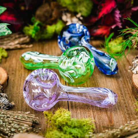 Hype Feather Glass spoon pipe. Available in pink, green and blue.