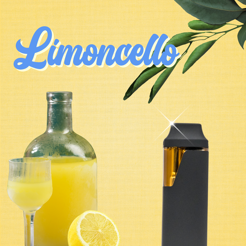 A black vape device with a gold accent is shown next to a glass of yellow liquid and a lemon slice, with the text 'Limoncello' on a yellow background with green leaves.