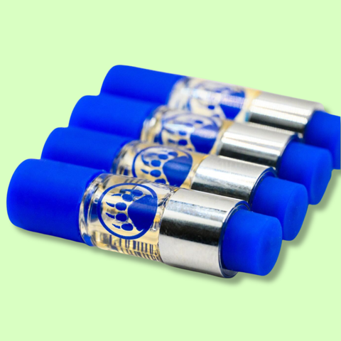 Appalachian Standard Mango Mojito THCA vape pictured with multiple blue and silver cylindrical containers and a paw print logo on a light green background