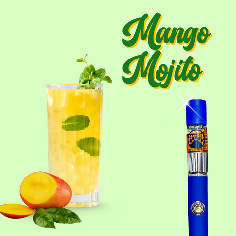 Appalachian Standard THCA Vape Mango Mojito with a blue vape pen on a green background