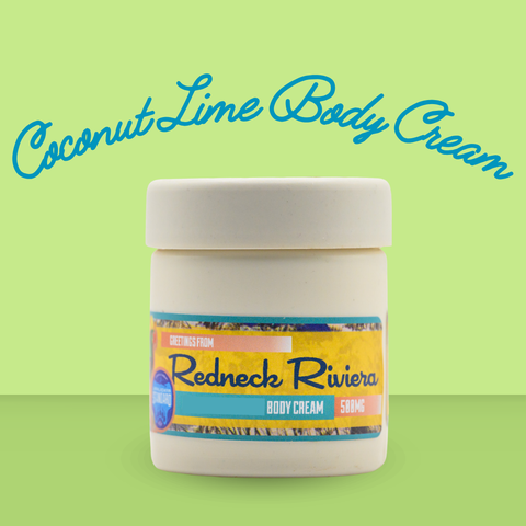 Appalachian Standard's Coconut Lime Body Cream in a white jar with yellow label and green background.