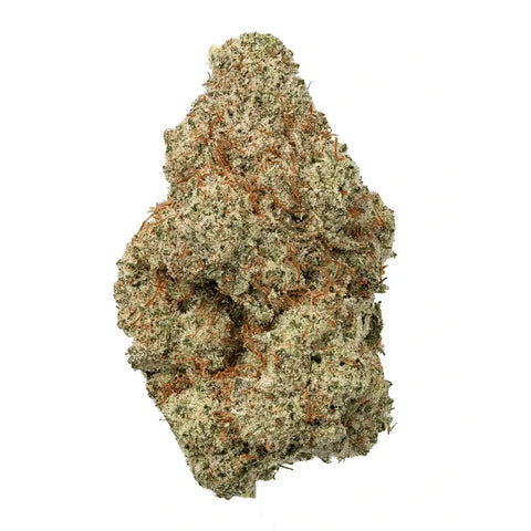 A fresh green hemp flower with orange hairs and frost on a white background.