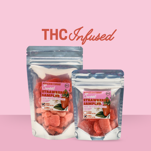 Pink background with "THC Infused" on screen and 2 silver bags of pink THC gummies with "Sweet Strawberry Sampler" on each label.