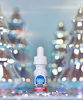 Bottle of Cranberry Cheer flavor with a blurred festive background
