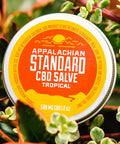 A 2 oz tin of Appalachian Standard's Tropical CBD Salve surrounded by green plants